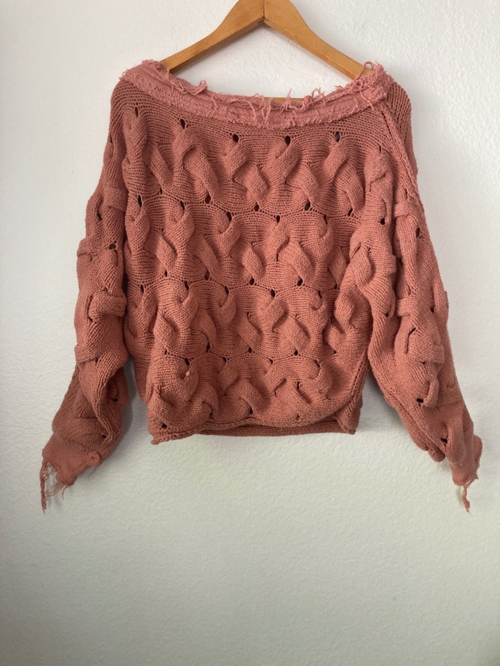 Free People Chunky Distressed Sweater XS Pink Open Knit Boat Neck Oversized
